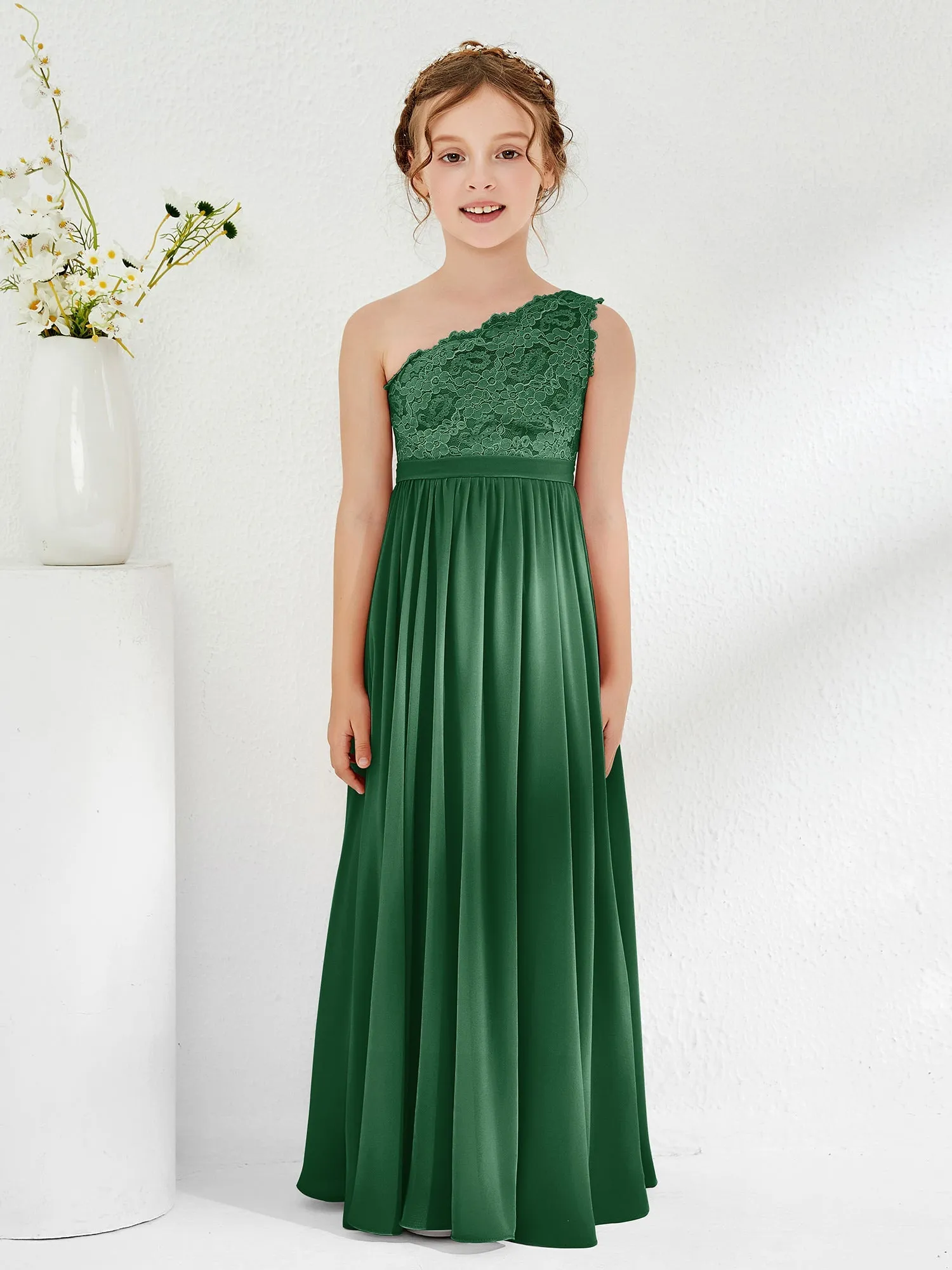 Eine Schulter Spitze Chiffon Junge Brautjungfernkleider Dunkelgrün
