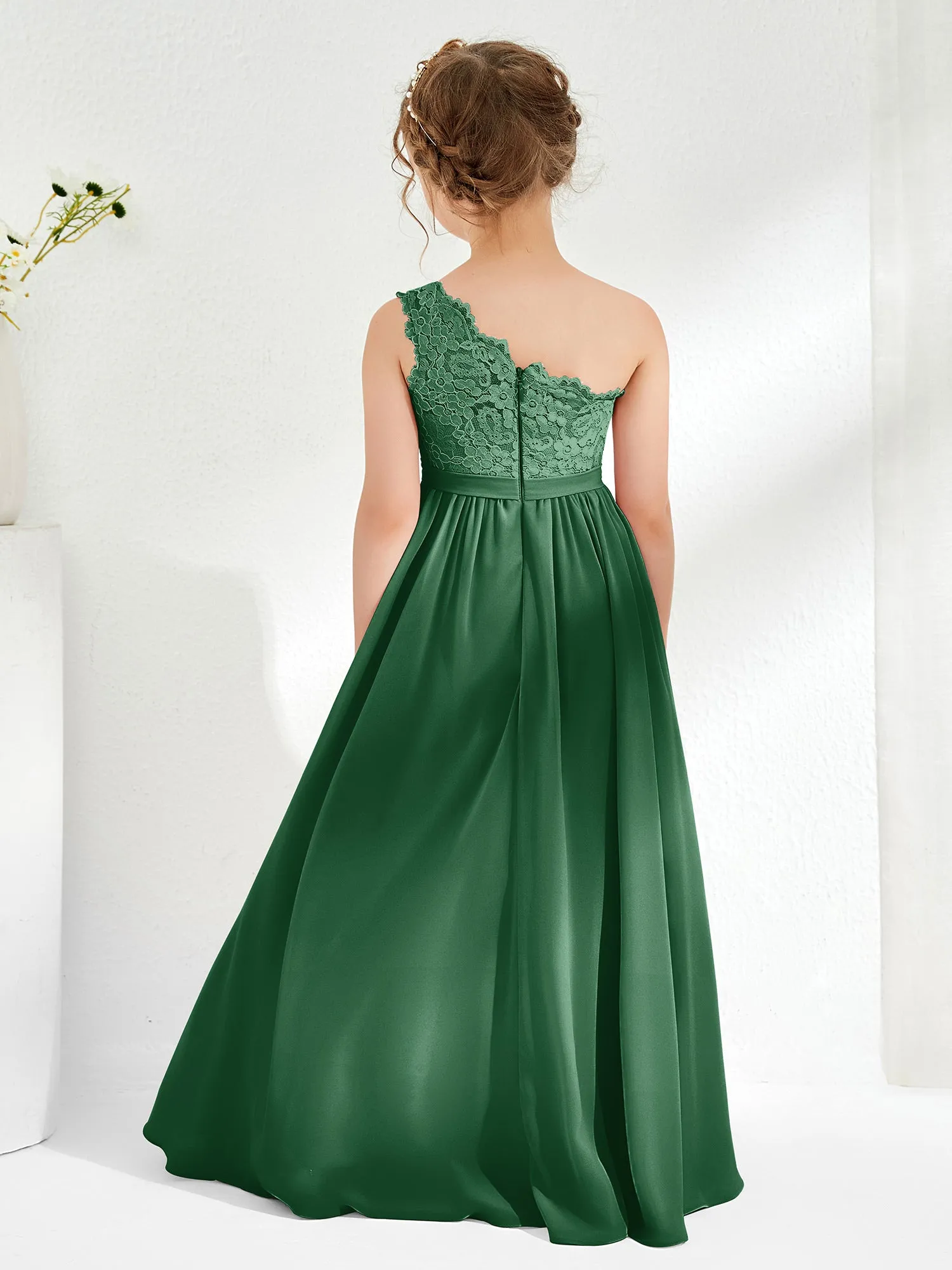 Eine Schulter Spitze Chiffon Junge Brautjungfernkleider Dunkelgrün