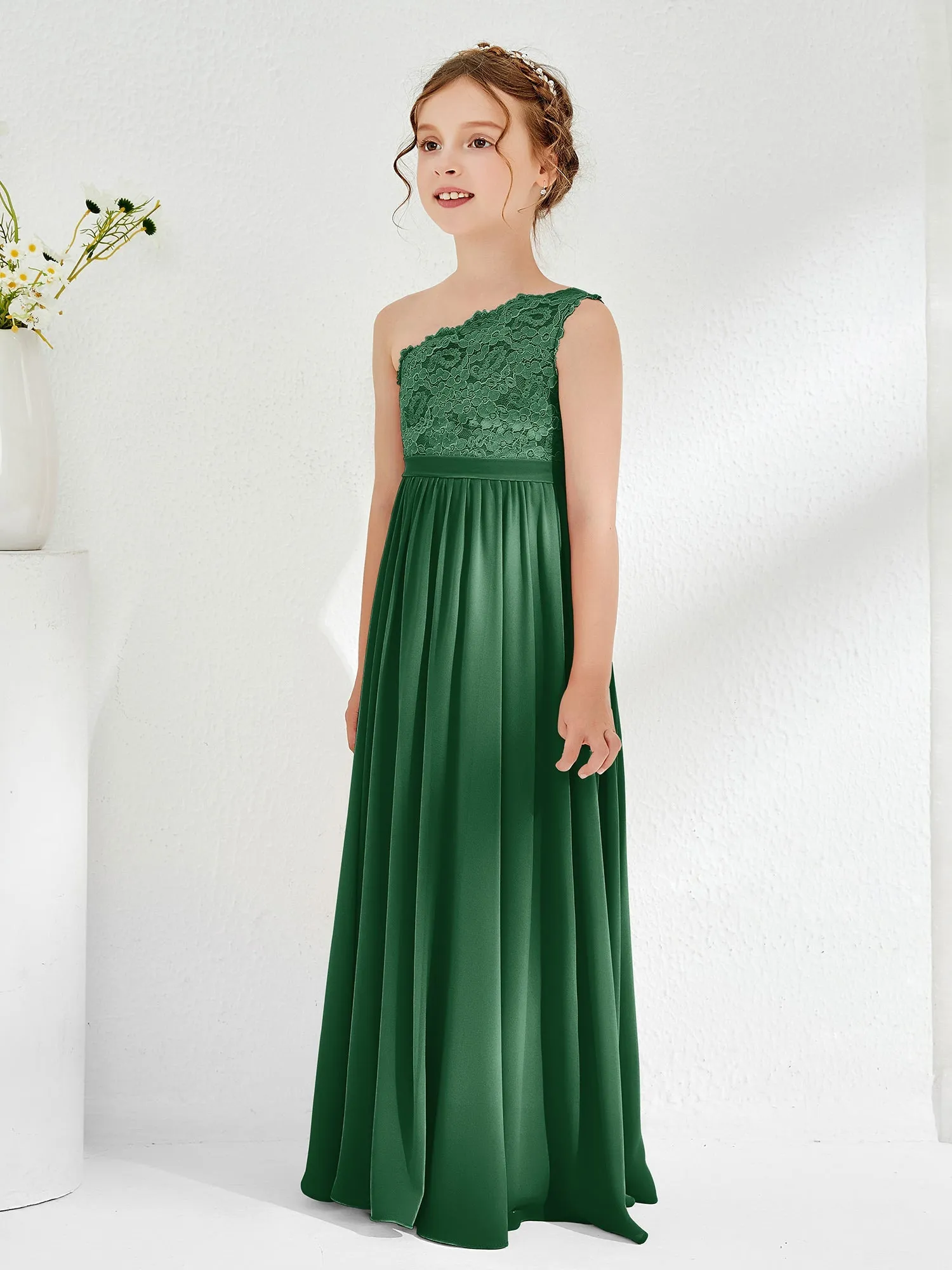 Eine Schulter Spitze Chiffon Junge Brautjungfernkleider Dunkelgrün